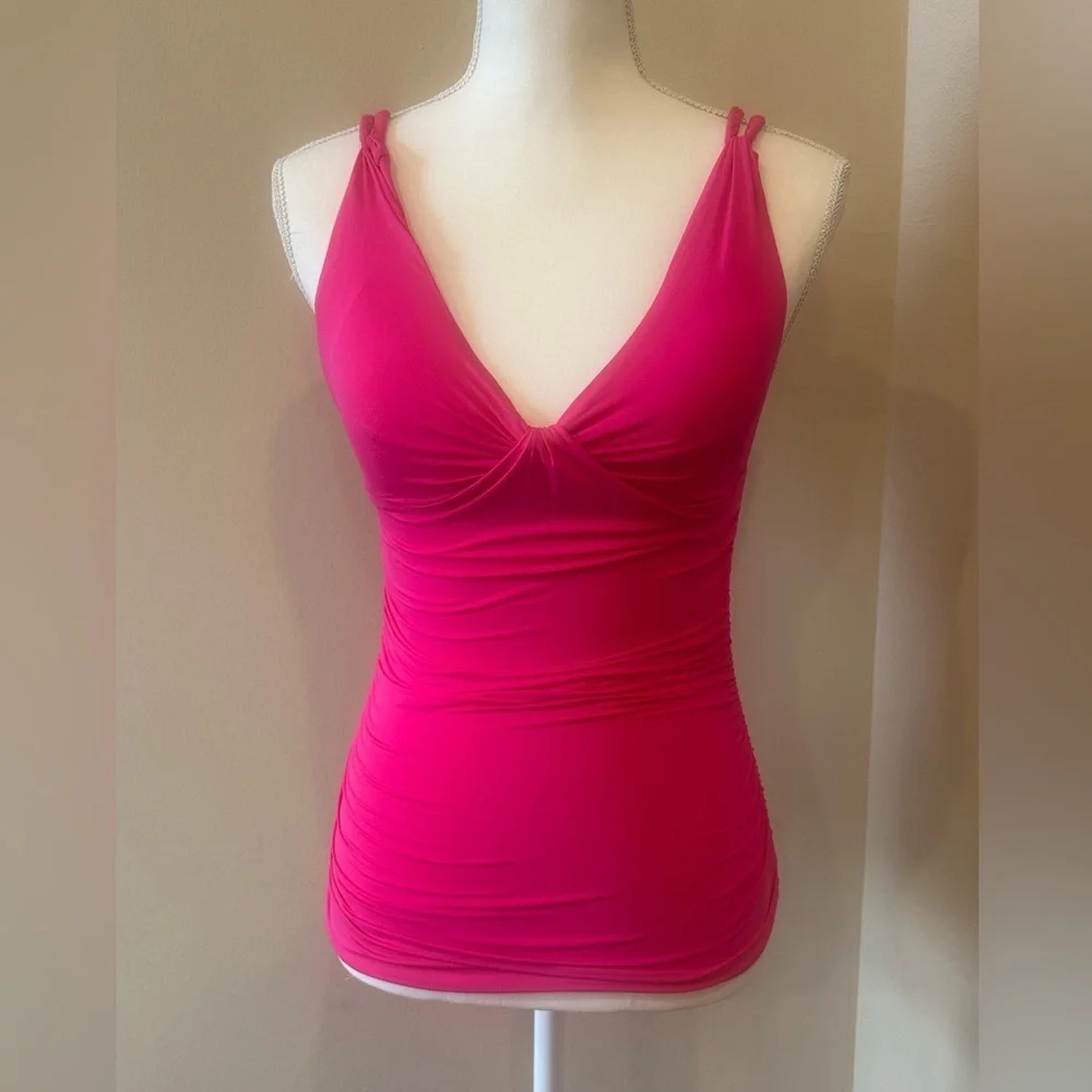 Carmen Marc Valvo Fuchsia Ruched Plunge Tankini Swim Top Size Small